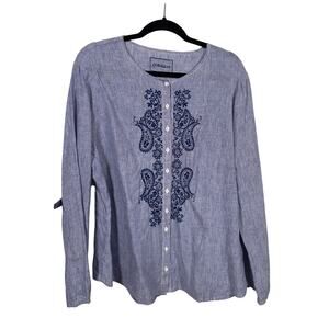 Gorsuch Button Up Shirt Womens 10 IT46 Blue Wallmann-Tex Embroidered Linen